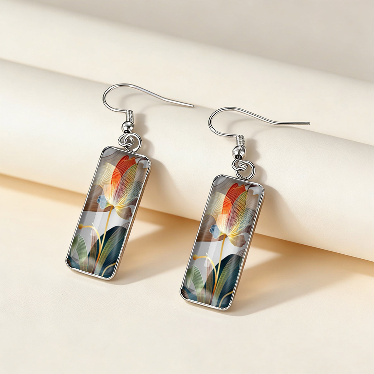 Elegant Rectangular Earrings, Lotus Print Design